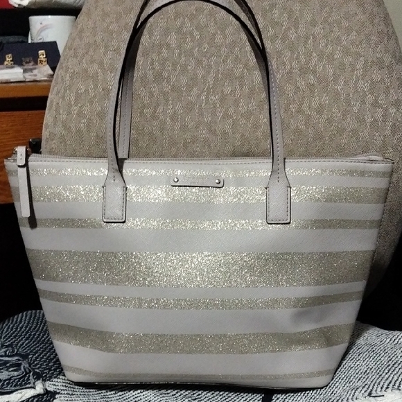 kate spade Handbags - Kate Spade  Silver Glitter Striped Tote Bag